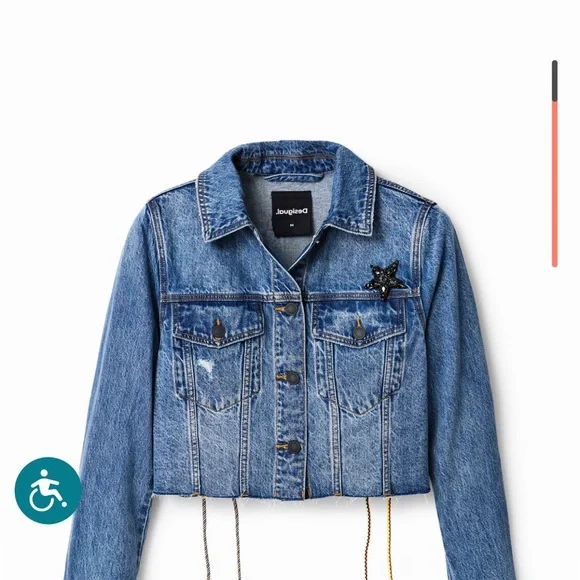 Desigual cropped denim jacket embellishments power spellout protest - Picture 2 of 9